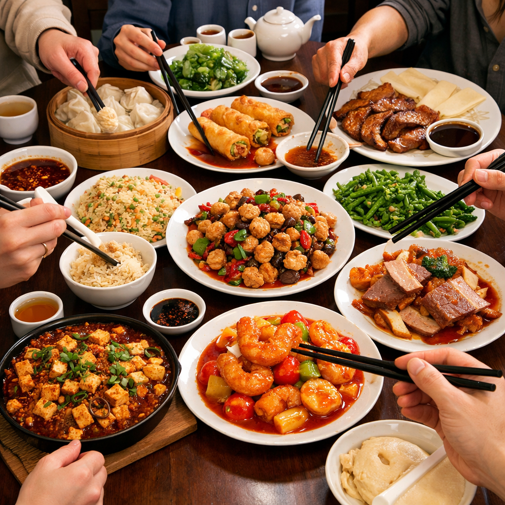 group sharing Chinese dishes family style