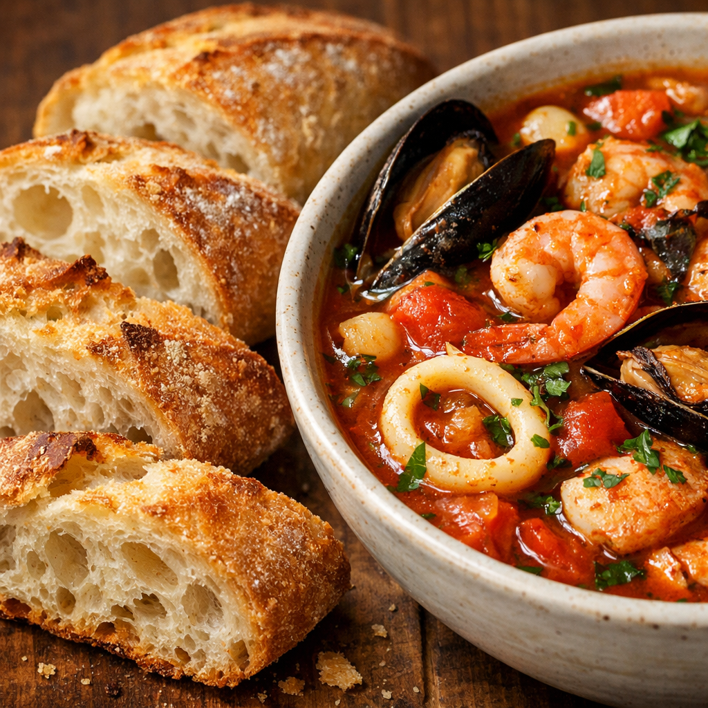bread served with seafood stew
