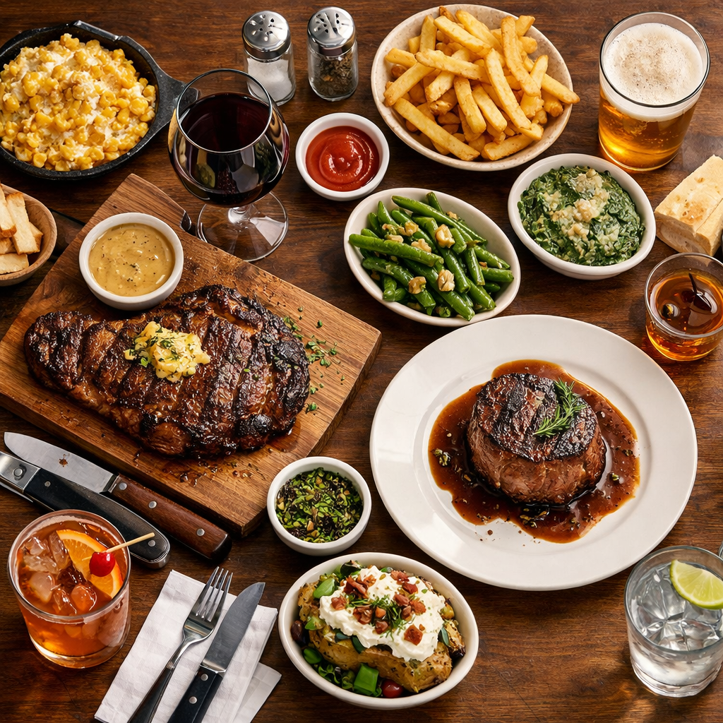 table setting with steak dinner and drinks