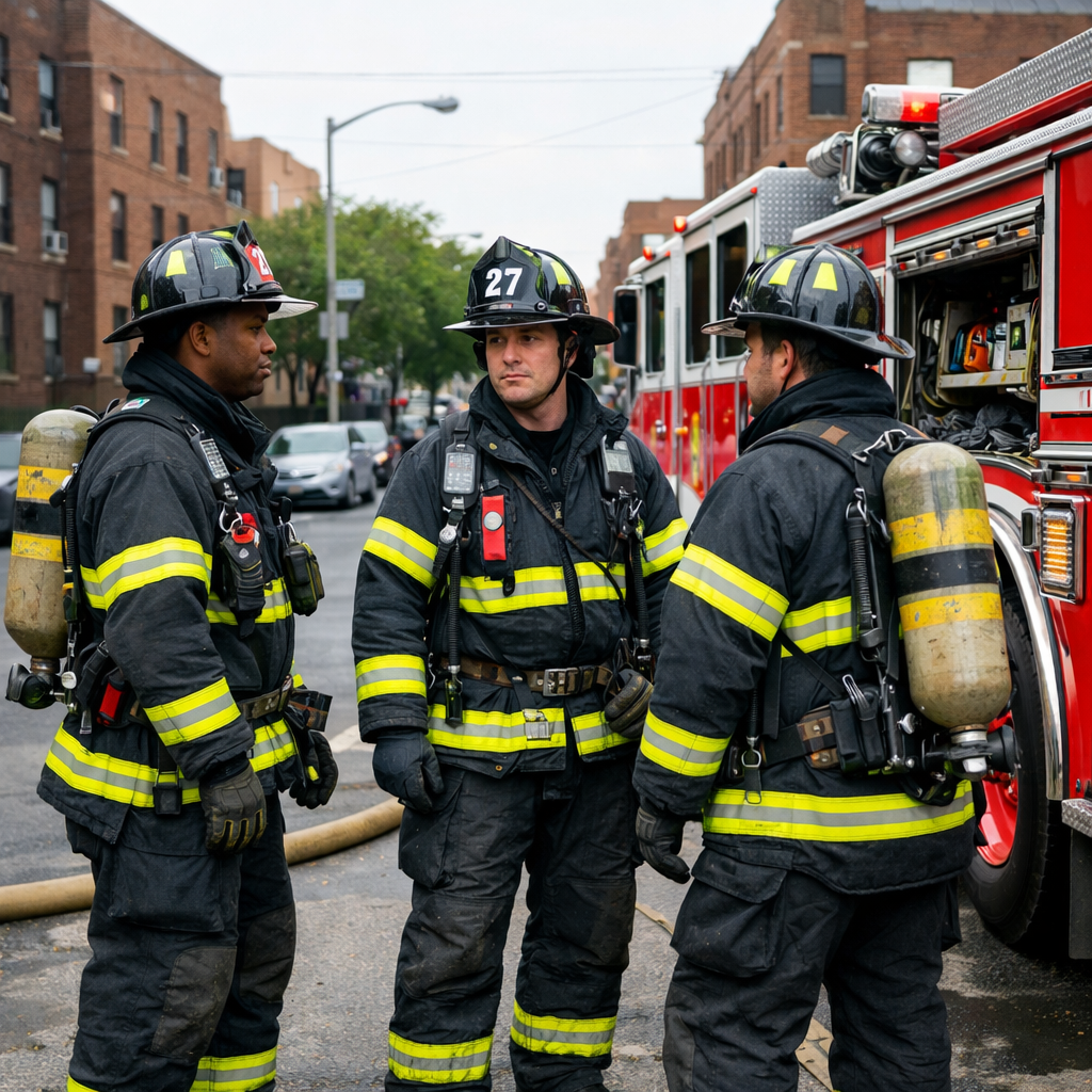 firefighters in gear near a fire engine