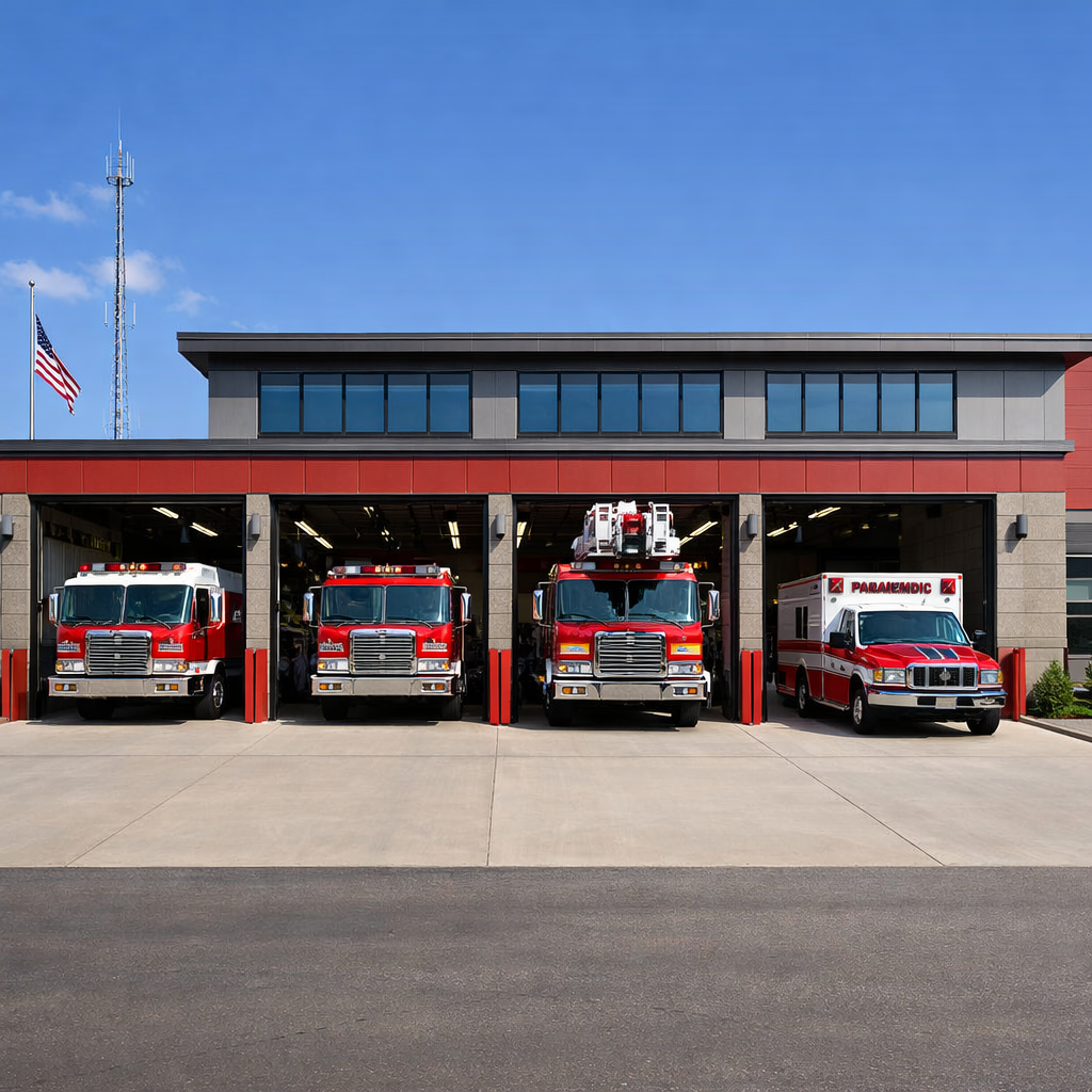 fire station exterior with fire trucks