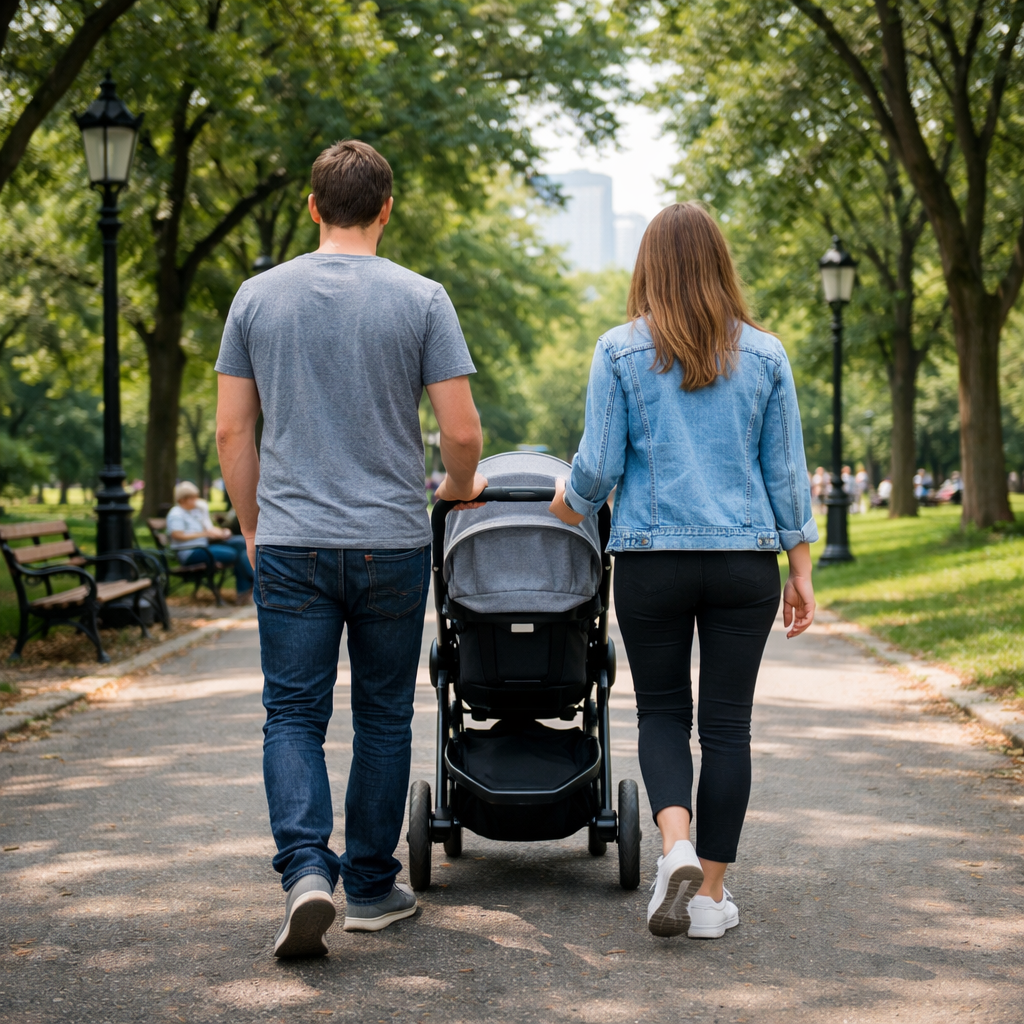 family with stroller in a city park