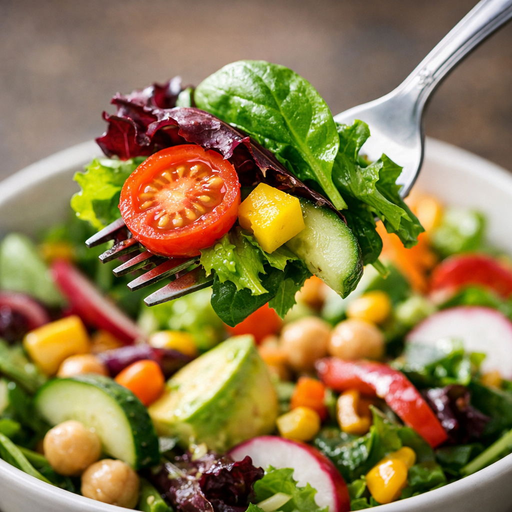 fork with mixed salad greens and vegetables