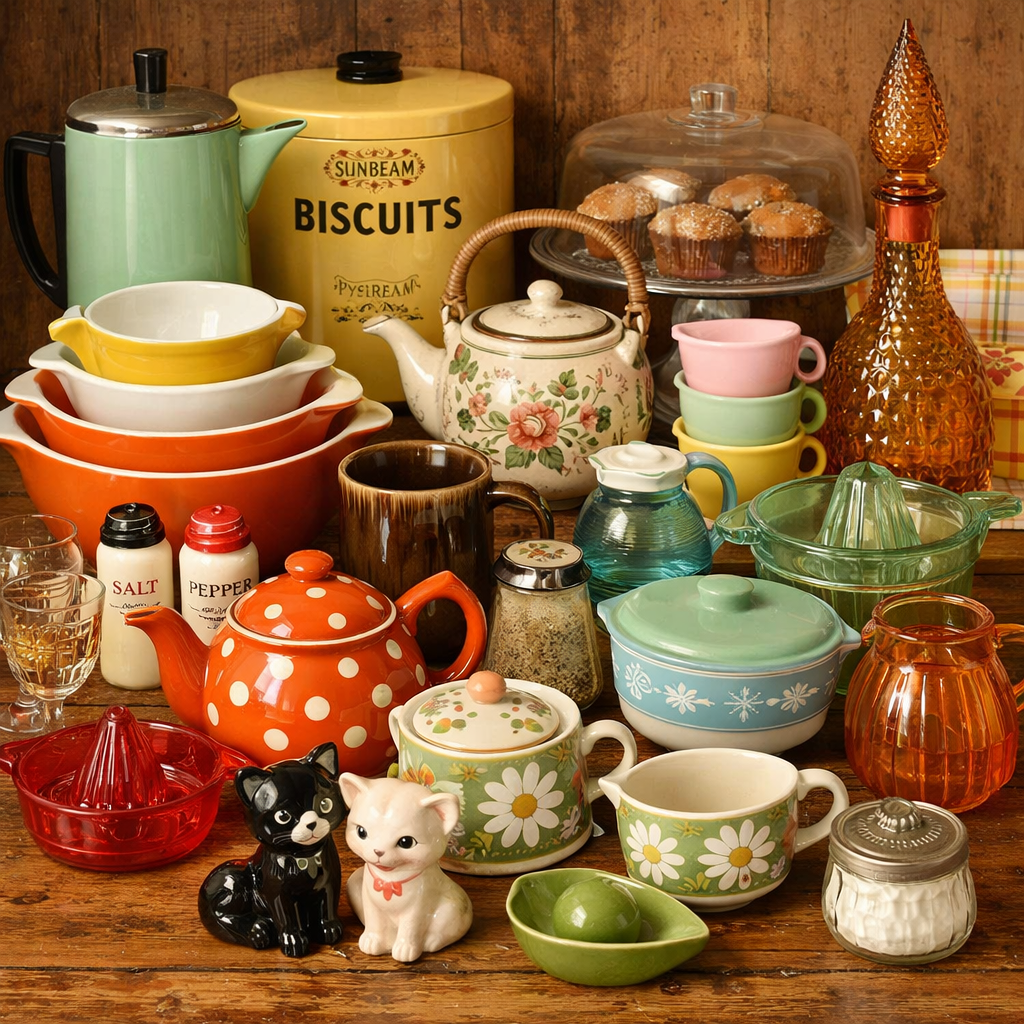 assorted vintage housewares and trinkets displayed together