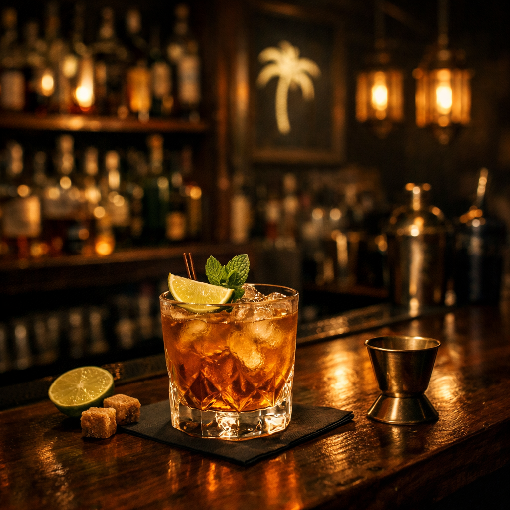 cozy cocktail bar with rum drink on the bar