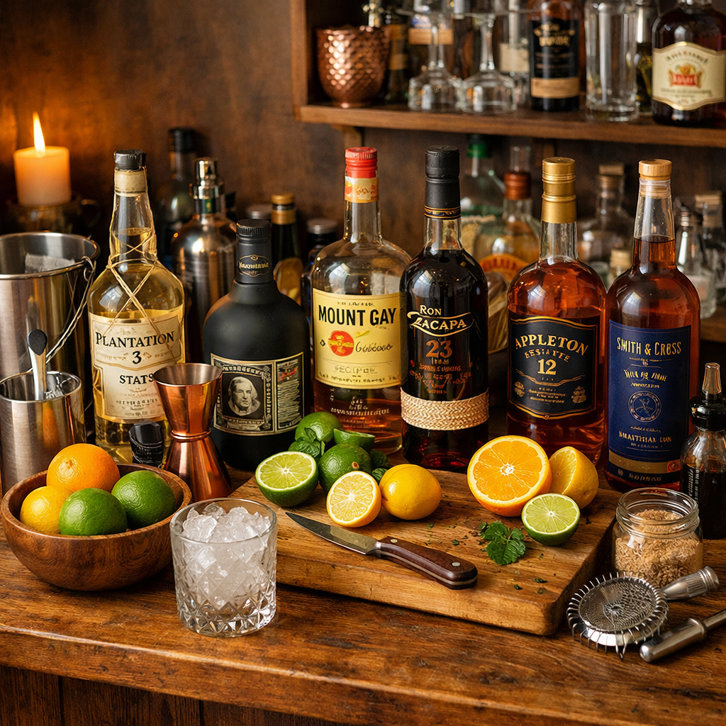 home rum bar with bottles and cocktail tools