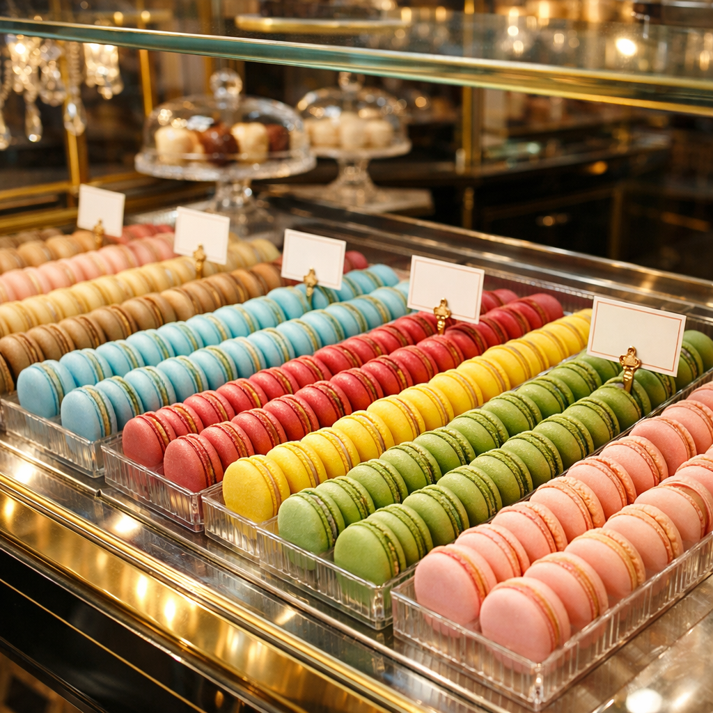 macarons displayed in a dessert case