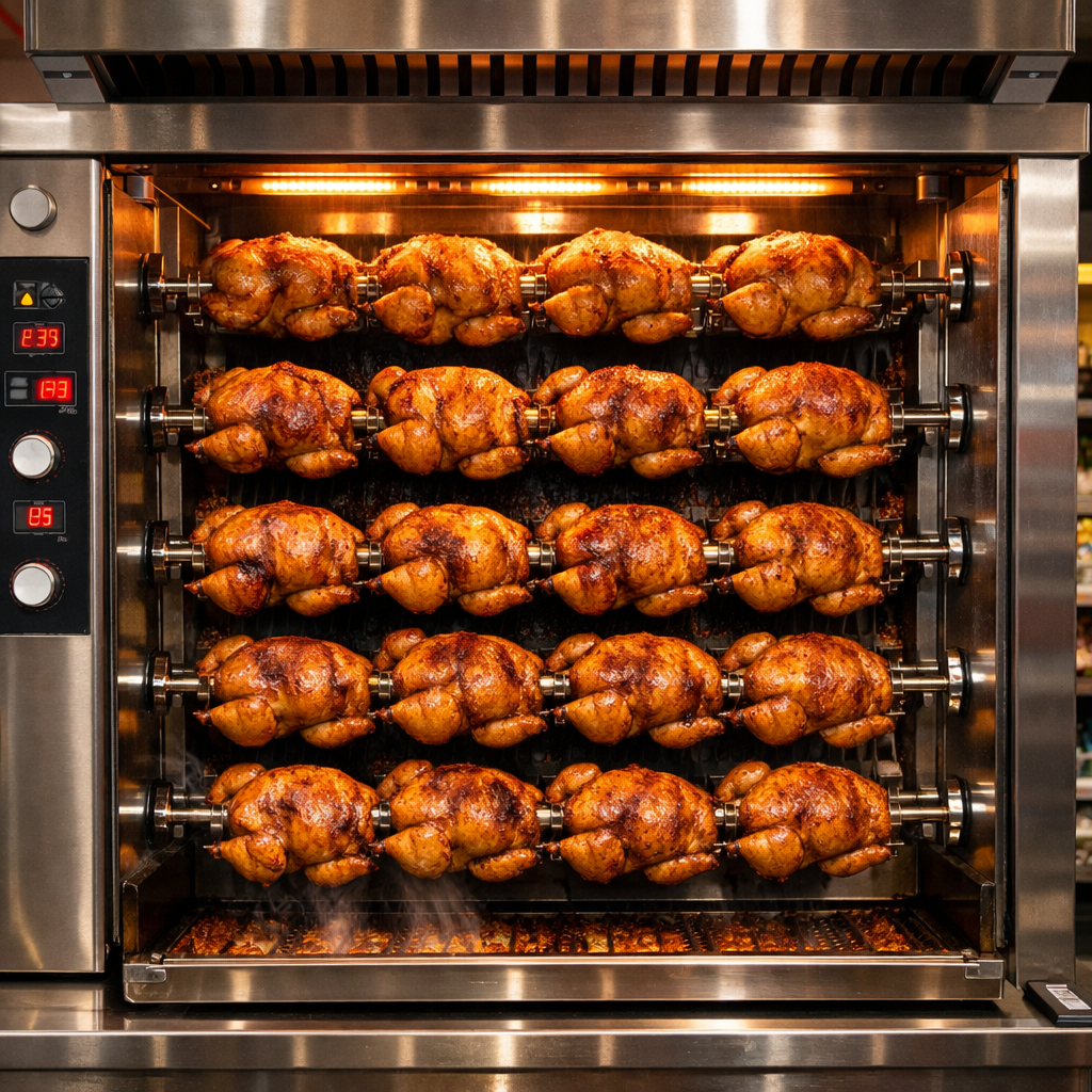 rotisserie chickens cooking in an oven at a store