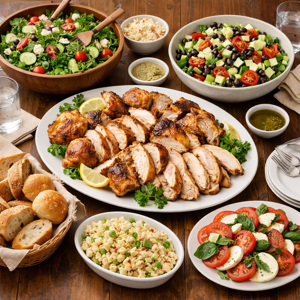 casual family meal featuring rotisserie chicken and sides