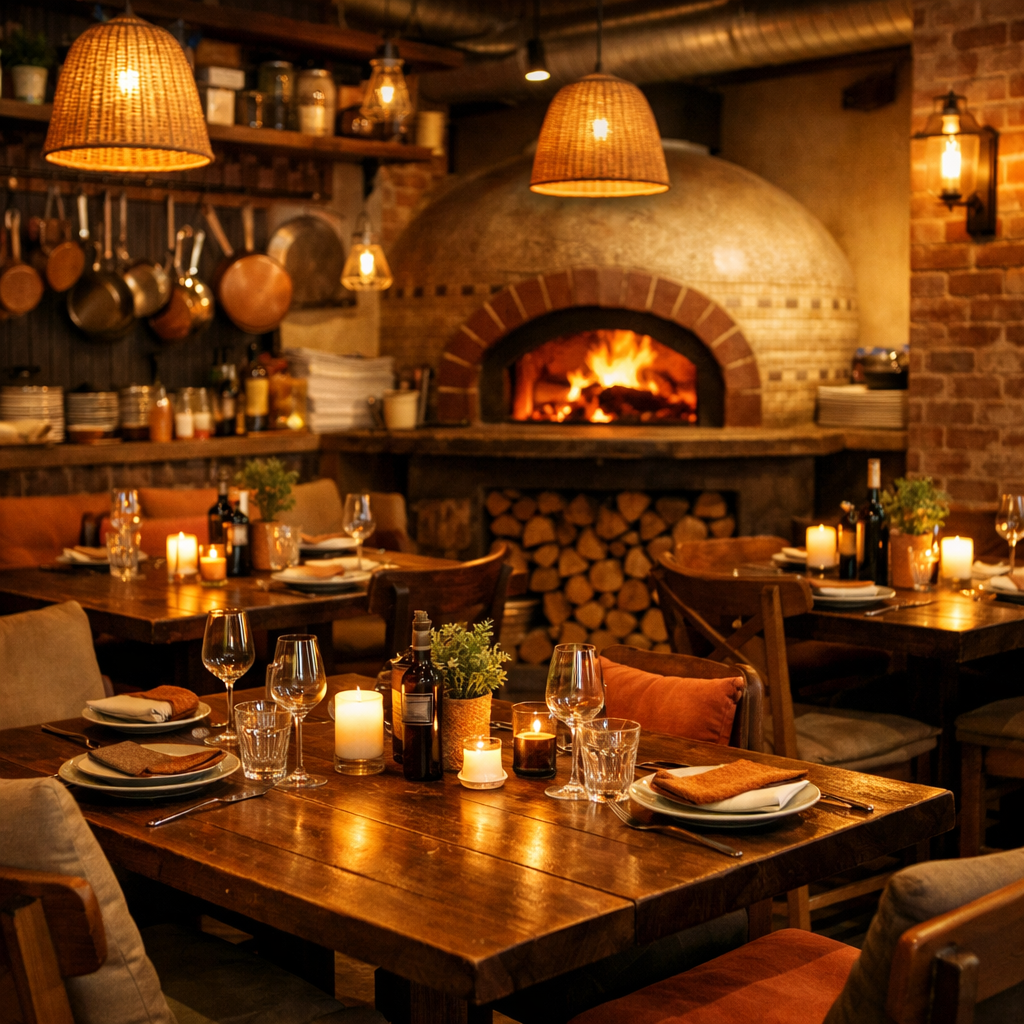 casual pizza restaurant interior with warm atmosphere