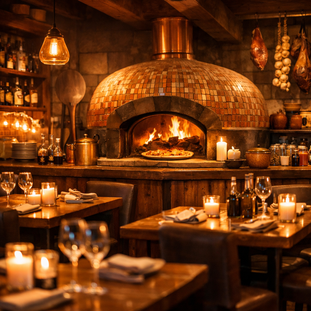 warm restaurant atmosphere with pizza oven