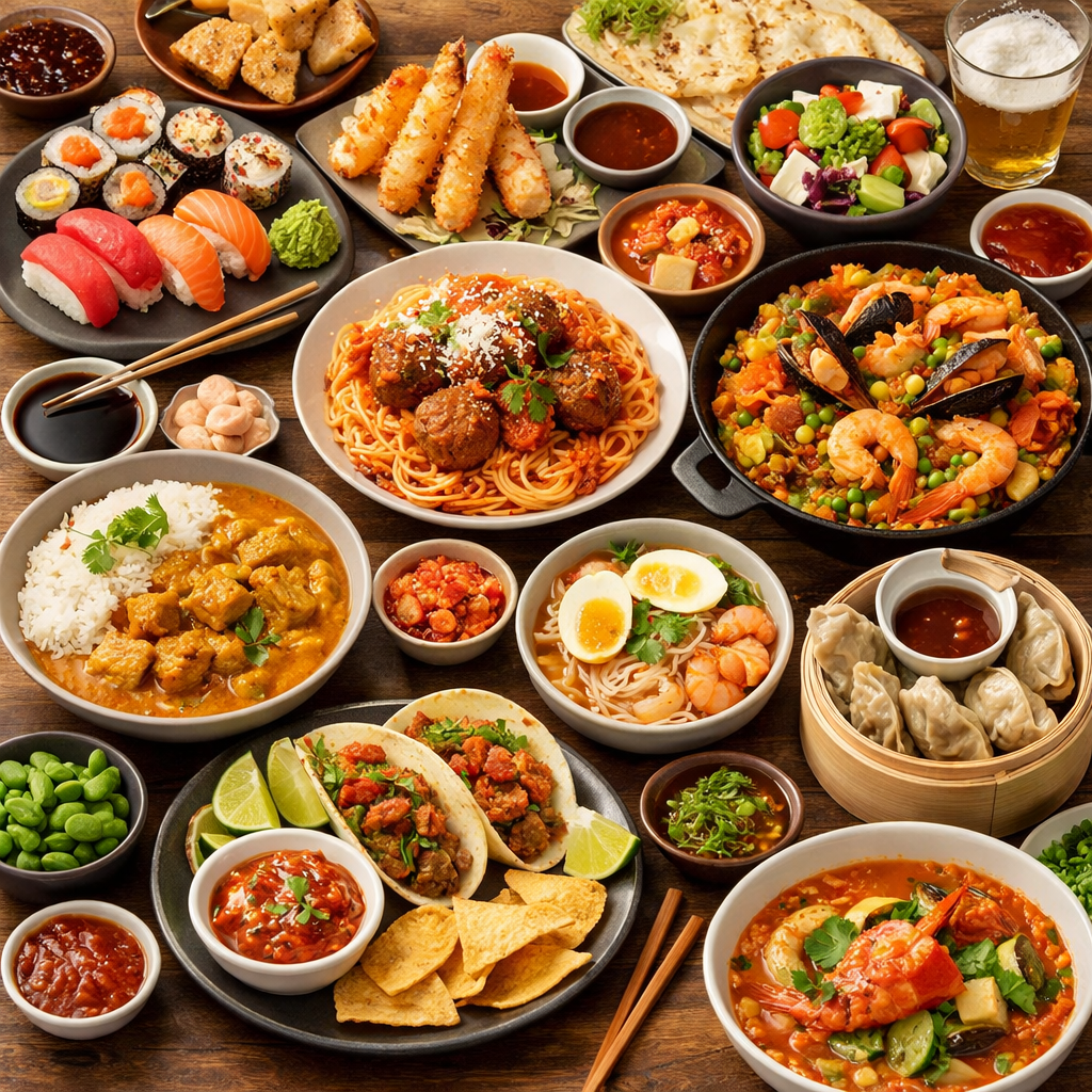 assortment of global cuisine representing international flavors