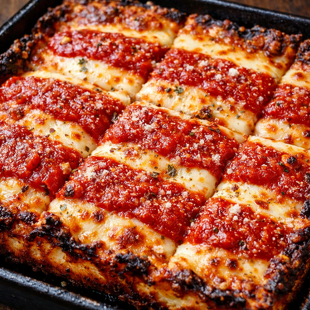 rectangular pan-baked pizza with crispy edges