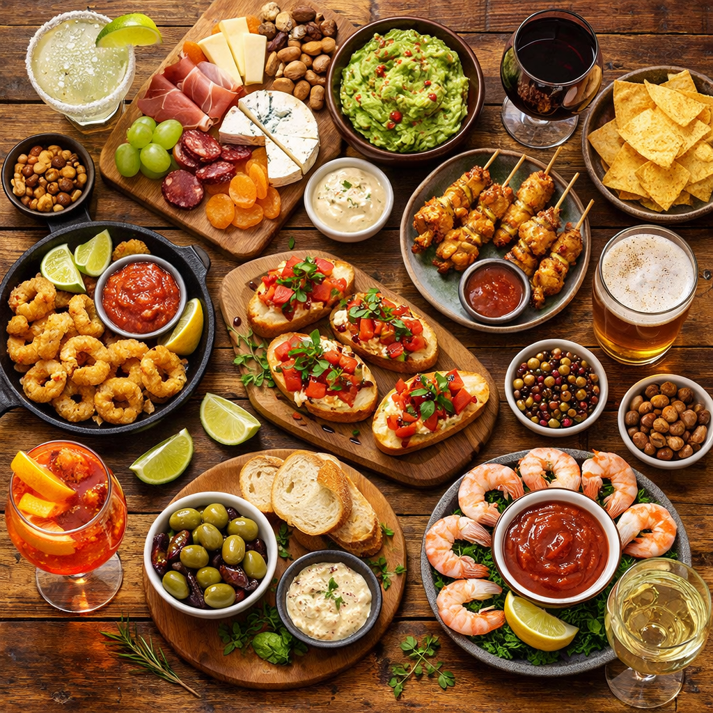 appetizers and drinks on wooden table