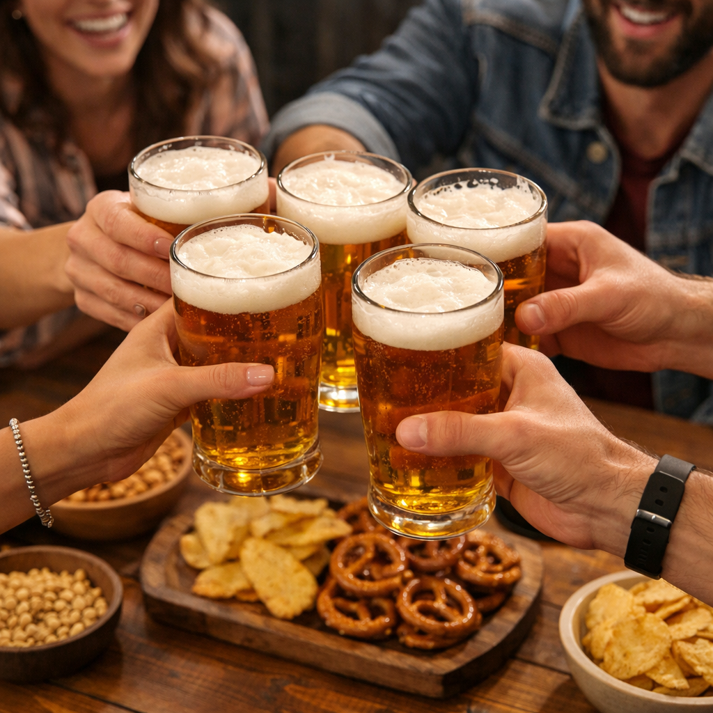 group of people clinking beer glasses